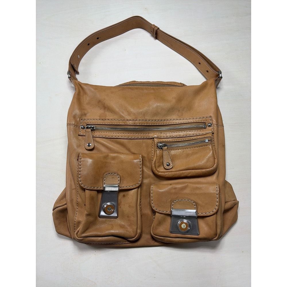 Kate Landry Tan Leather Multi Pocket Hobo Shoulder Bag Utility Push Lock BroAn